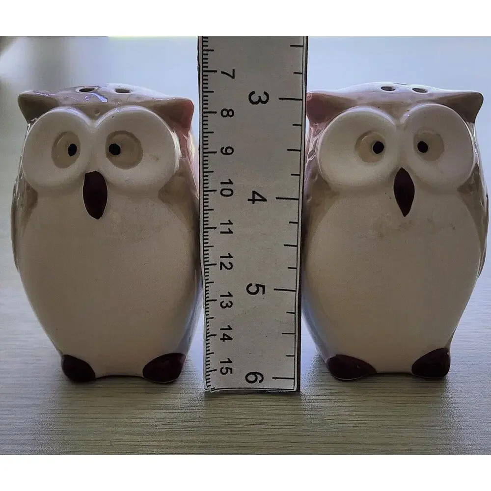 Pier 1 Owl Salt & Pepper Shaker Set Ceramic Beige Brown White Kitchen Decor